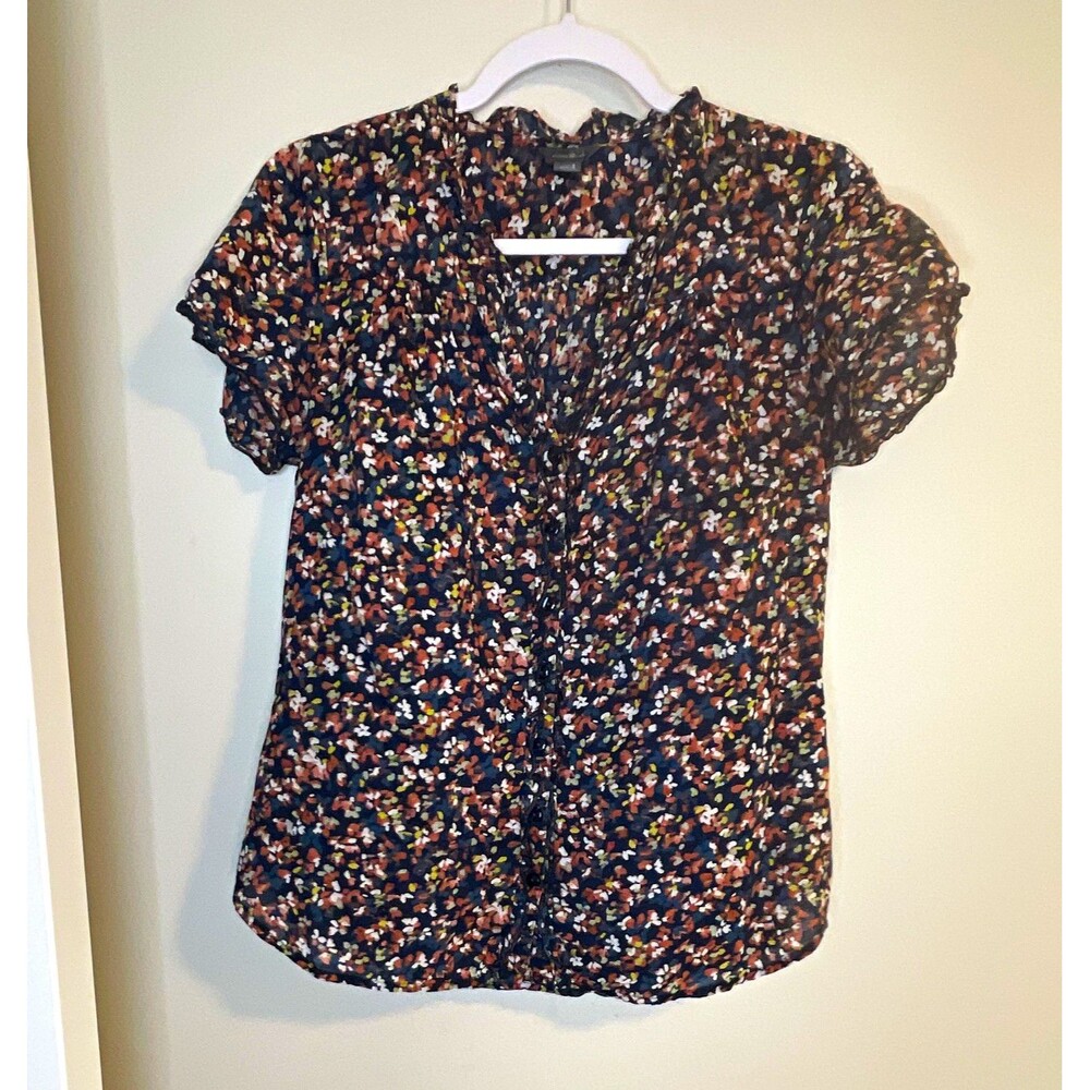 Eddie Bauer Women’s S Blue Multicolor Floral V-Neck Ruffle Woven Cap Sleeve